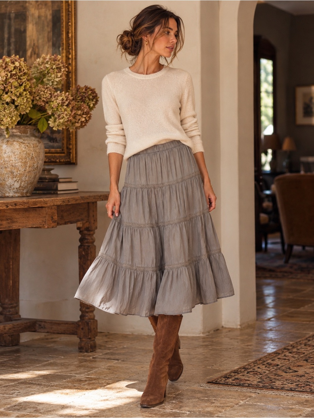 Garnet Hill 100% Silk Tiered Midi Skirt Gray 4P Petite Lace Trim